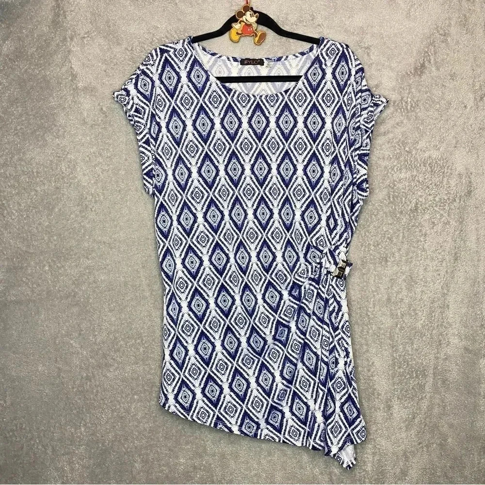 FYLO XXL Top Shirt Blue White Geometric Short Sleeve Round Neck‎ Stretch Casual